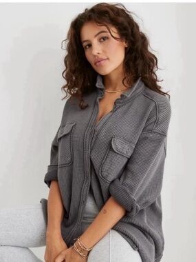Aerie LumberJane Thermal Waffle Knit Oversized Button Down Shirt Grey Medium